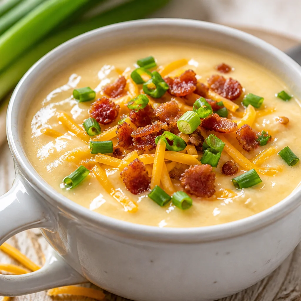 Bowl of Easy Instant Pot Potato Soup - Loaded Baked with toppings of bacon and cheese