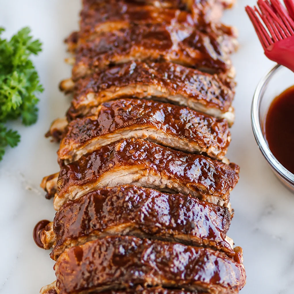 Delicious Easy Instant Pot Ribs that fall off the bone, served with BBQ sauce.