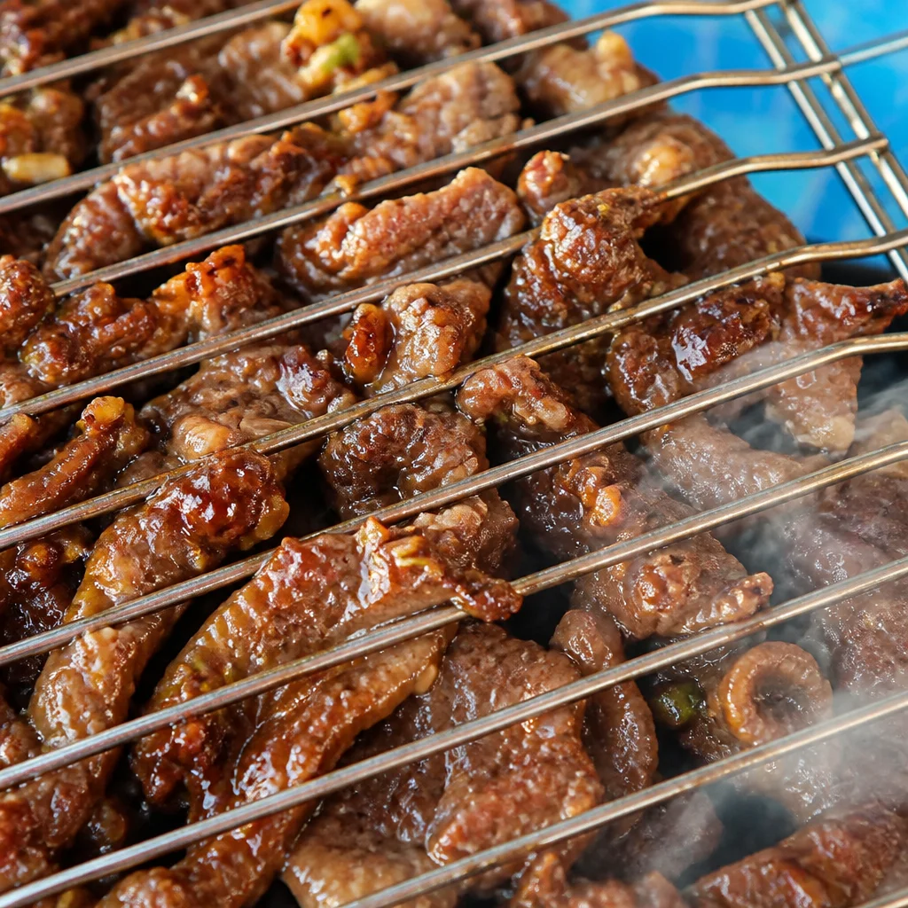 Plate of Easy Korean Beef Bulgogi grilled in sweet soy sauce with rice and side dishes.