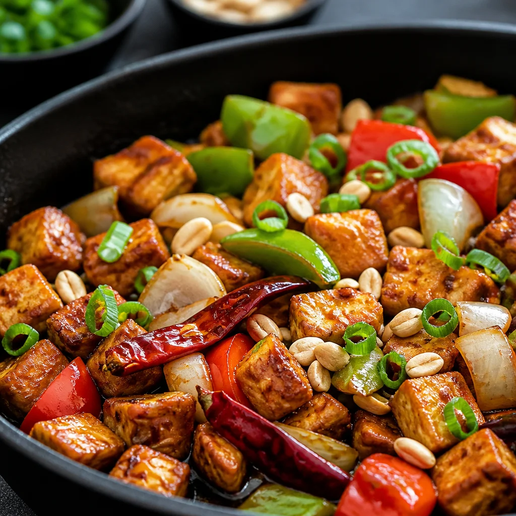 Easy Kung Pao Chicken stir-fry with chicken, peanuts, and vegetables in a spicy sauce.