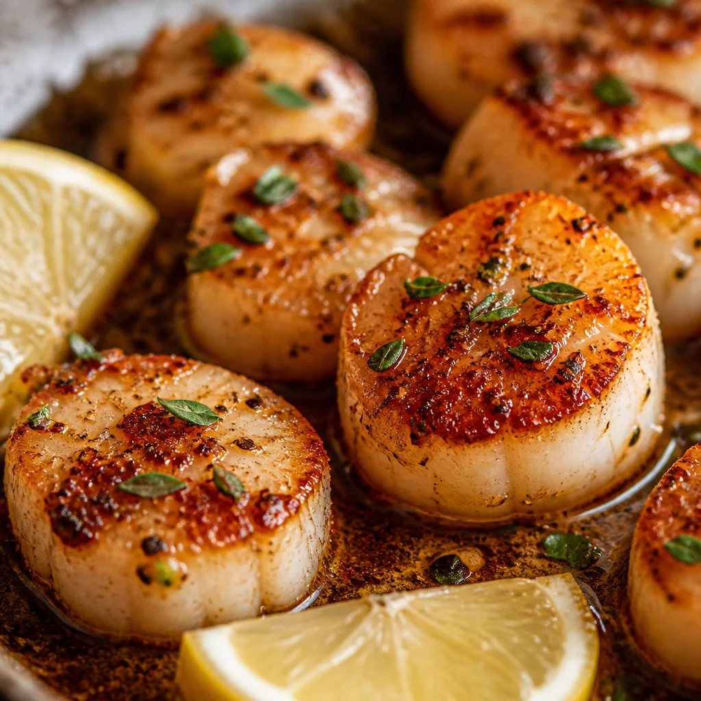 Easy Lemon Butter Scallops served with a lemon wedge and fresh herbs.