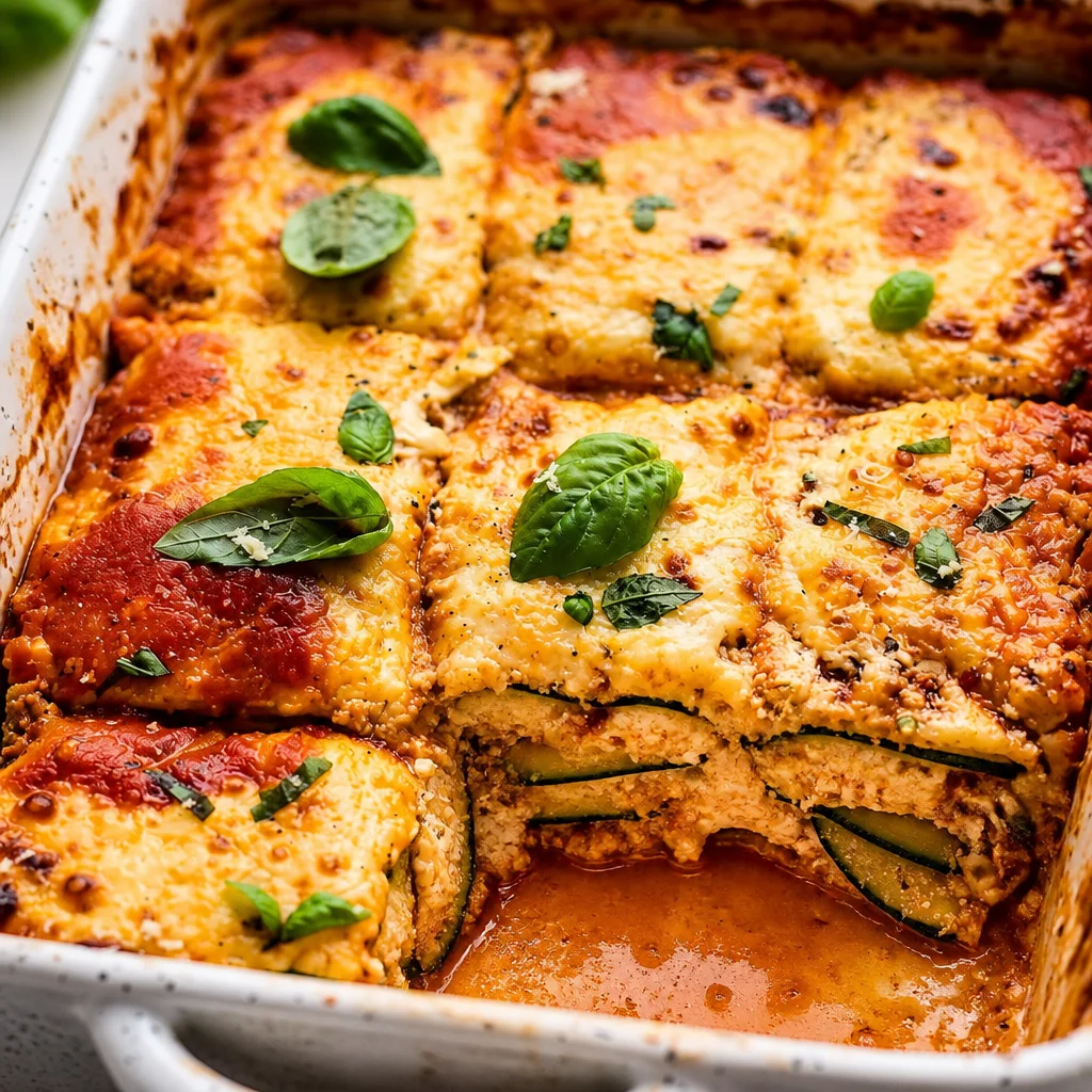 Healthy low carb zucchini lasagna with no noodles, packed with flavor and veggies.