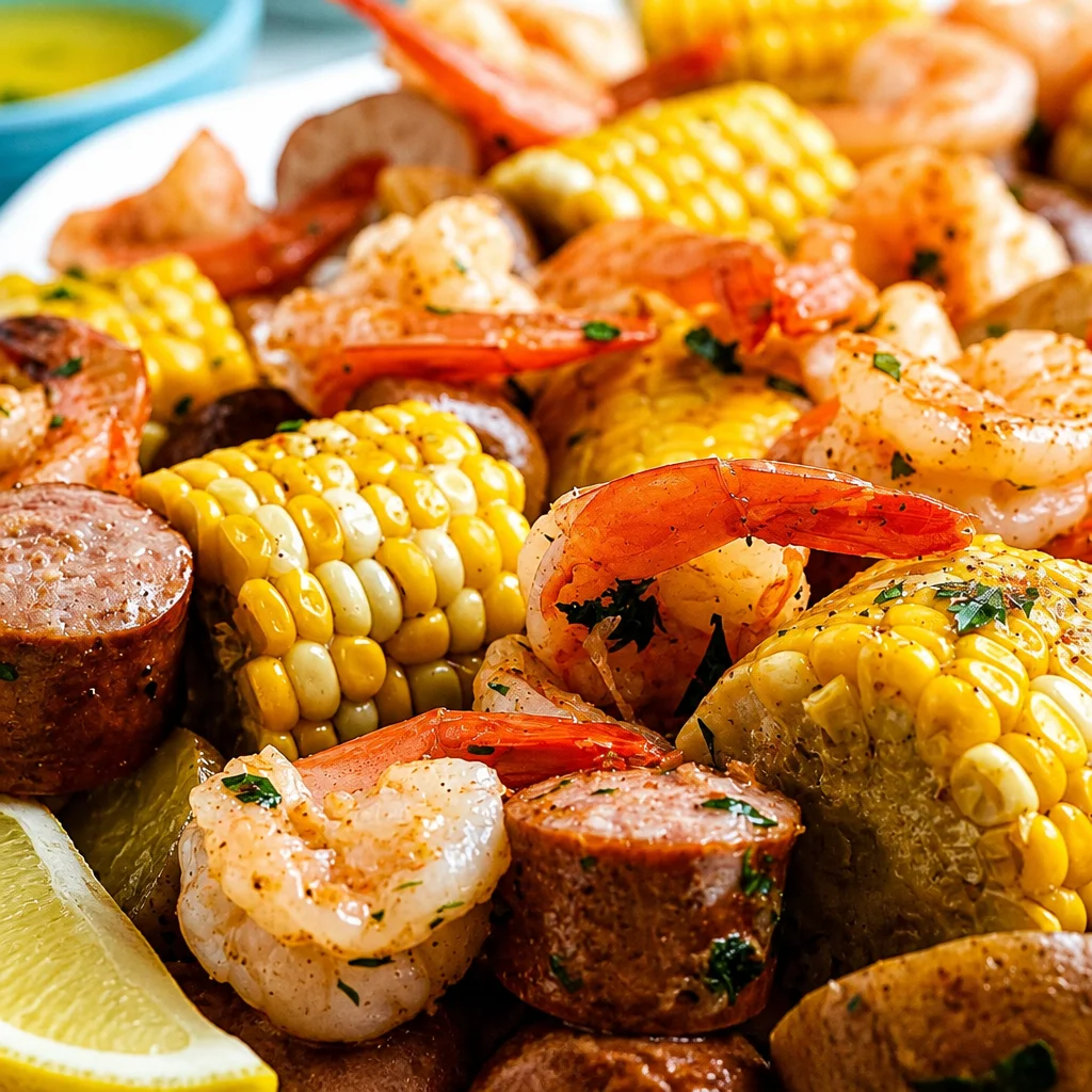 Easy Low Country Boil with shrimp, corn, smoked sausage, and potatoes in a flavorful broth.