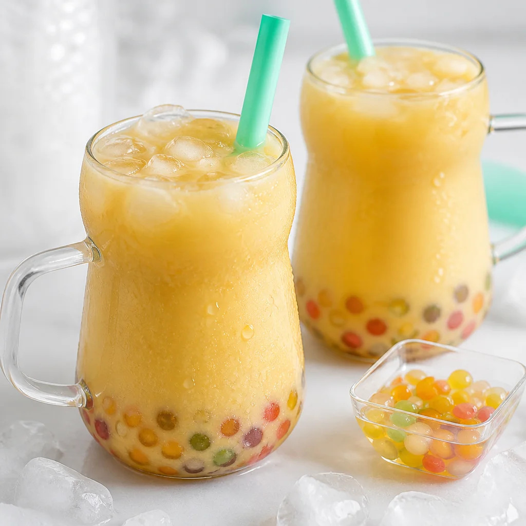 Homemade Easy Mango Boba Tea served in a glass with tapioca pearls and fresh mango slices.