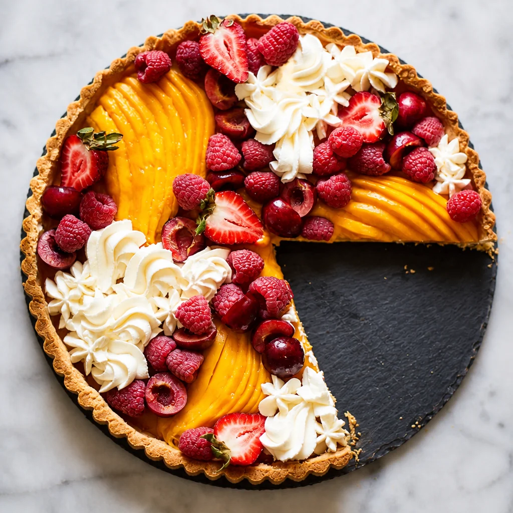 Creamy no bake mango cheesecake topped with fresh mango slices.