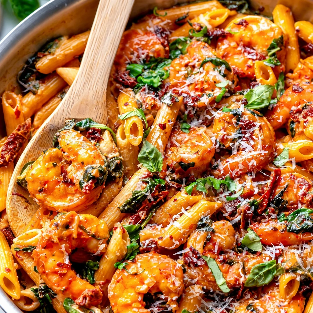 Delicious Easy Marry Me Shrimp served in creamy sun dried tomato sauce with fresh basil.