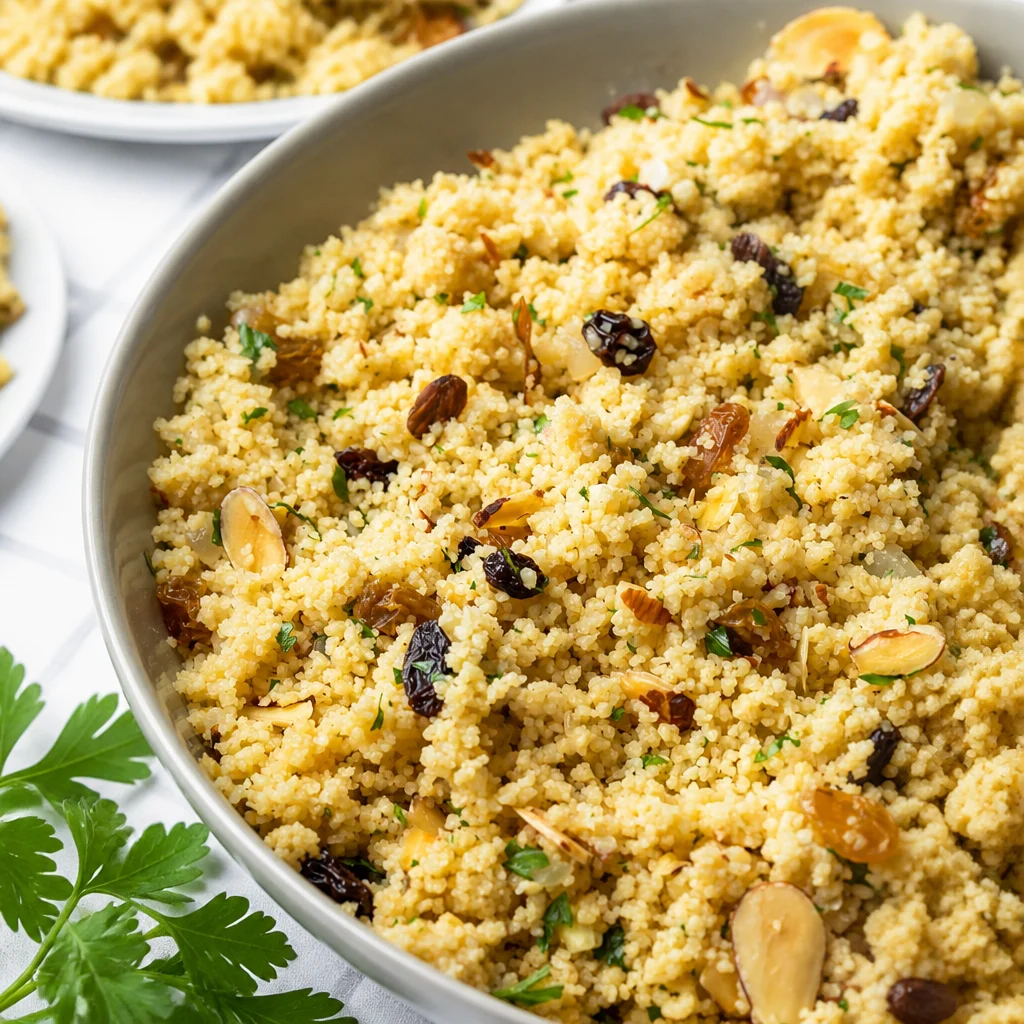 Easy Moroccan Couscous — Vegetable Herb Pilaf, colorful dish with herbs and nuts.