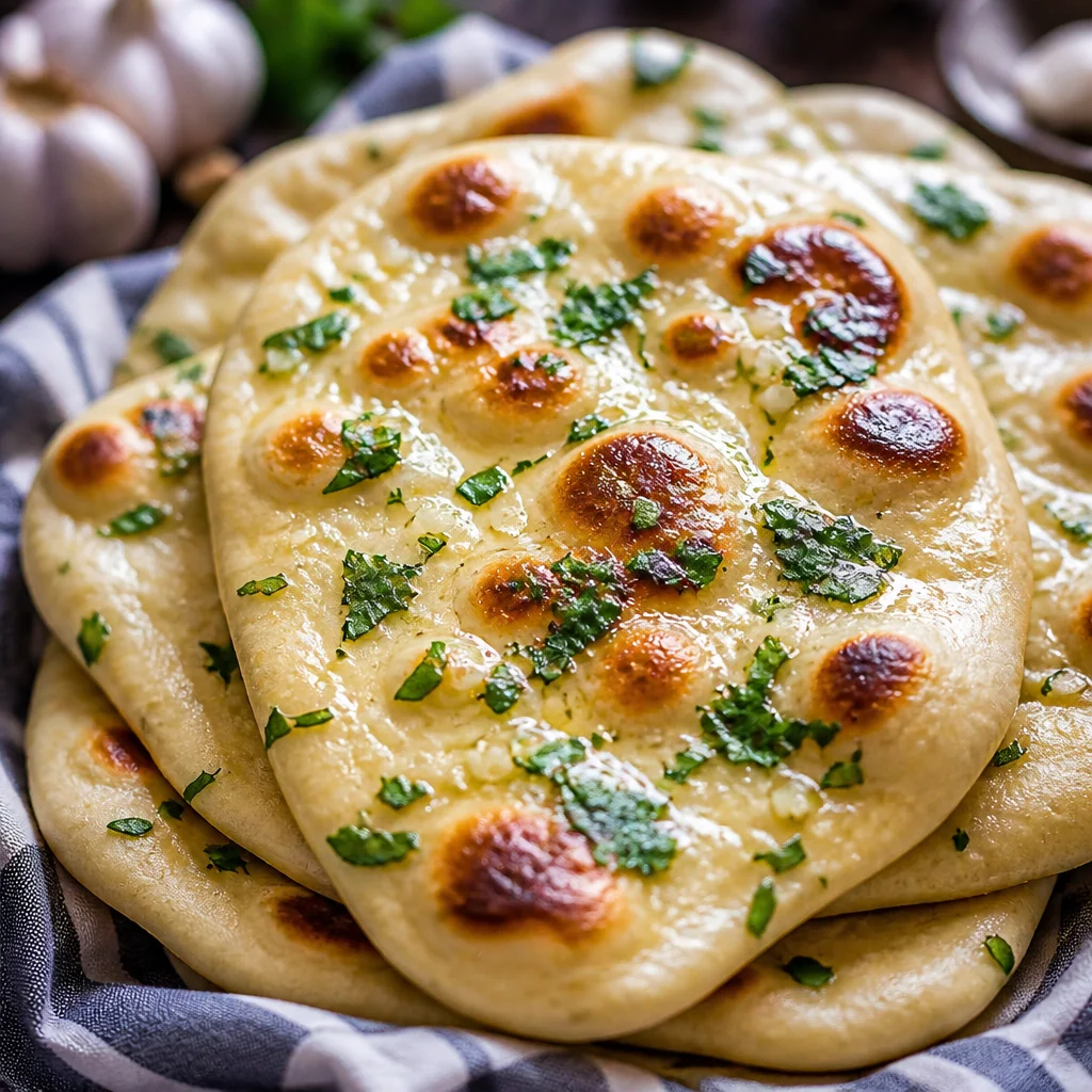 Homemade Easy Naan Bread brushed with soft garlic butter, perfect for dips.