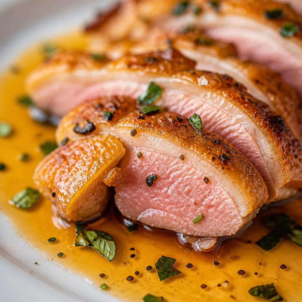 Pan-seared duck breast with orange glaze served on a plate.