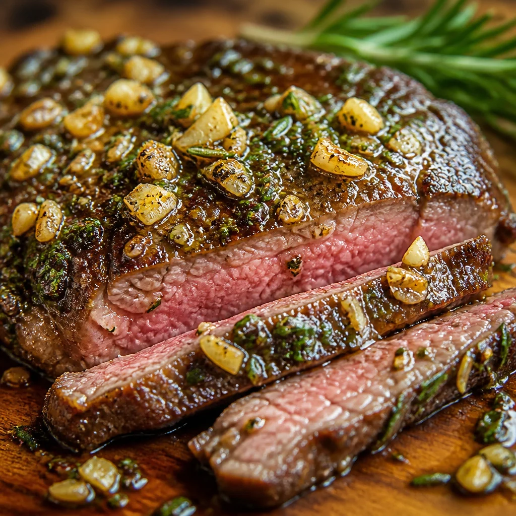 Easy Pan Seared Ribeye steak with garlic butter and herbs on a plate.