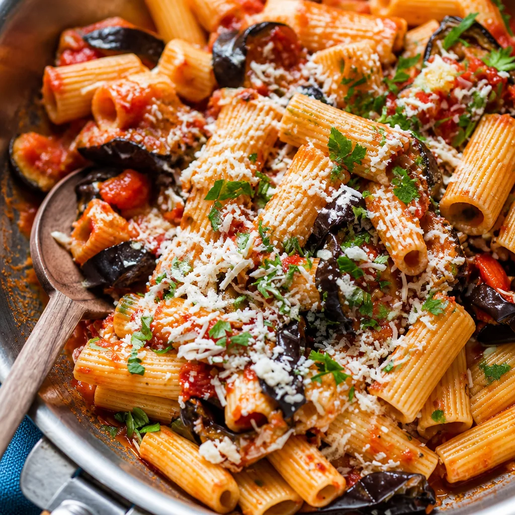 Easy Pasta alla Norma - Sicilian eggplant pasta with tomato sauce and ricotta salata.