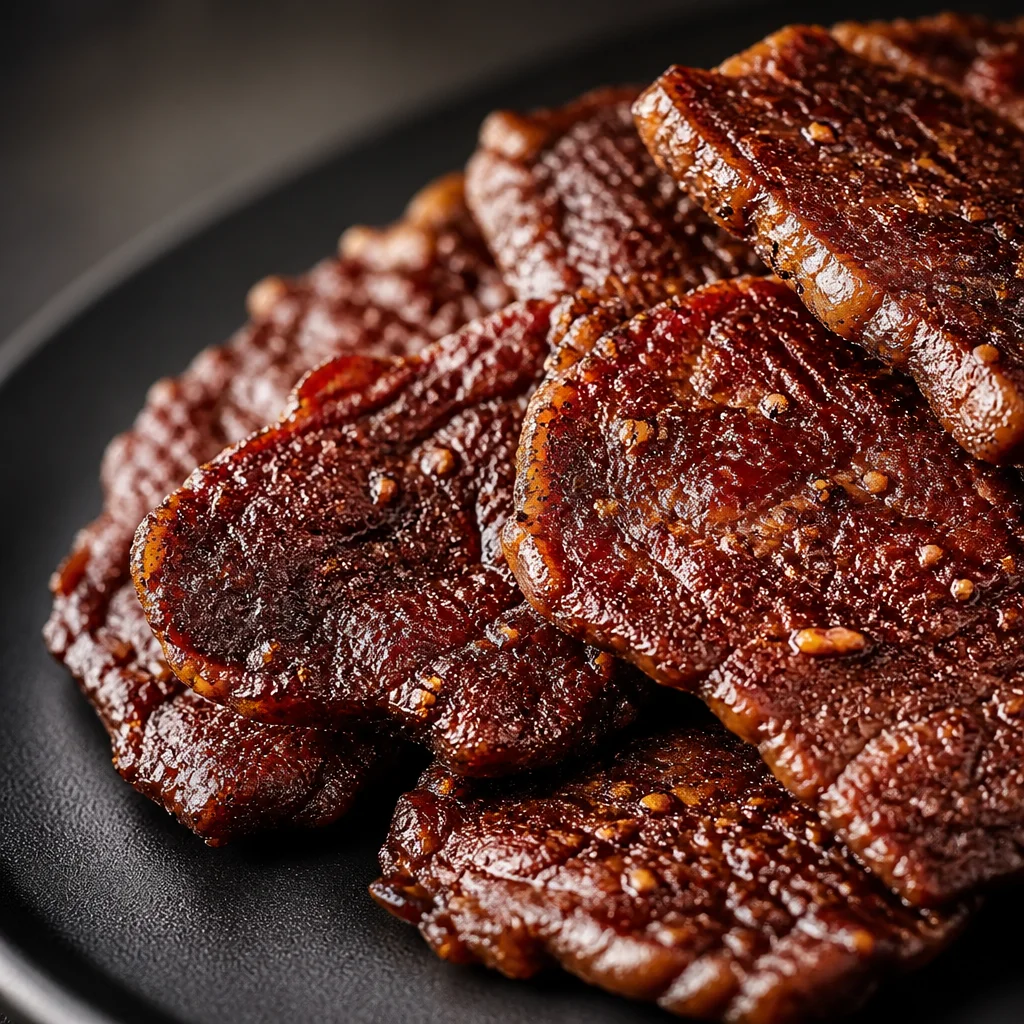 Easy Peppered Beef Jerky - Oven Dried Recipe with savory black pepper flavor.