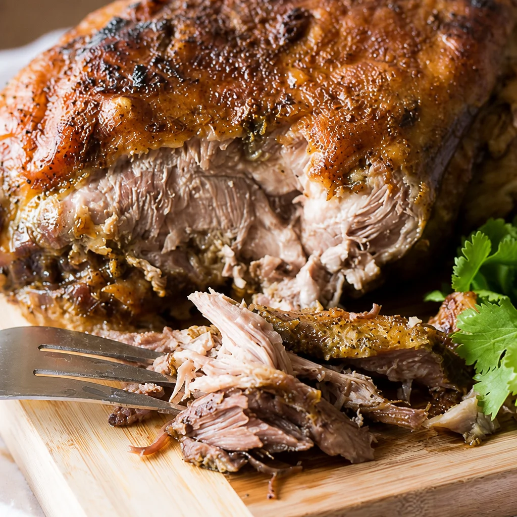 Juicy Puerto Rican Pernil, slow roasted pork shoulder with crispy skin and garlic seasoning.