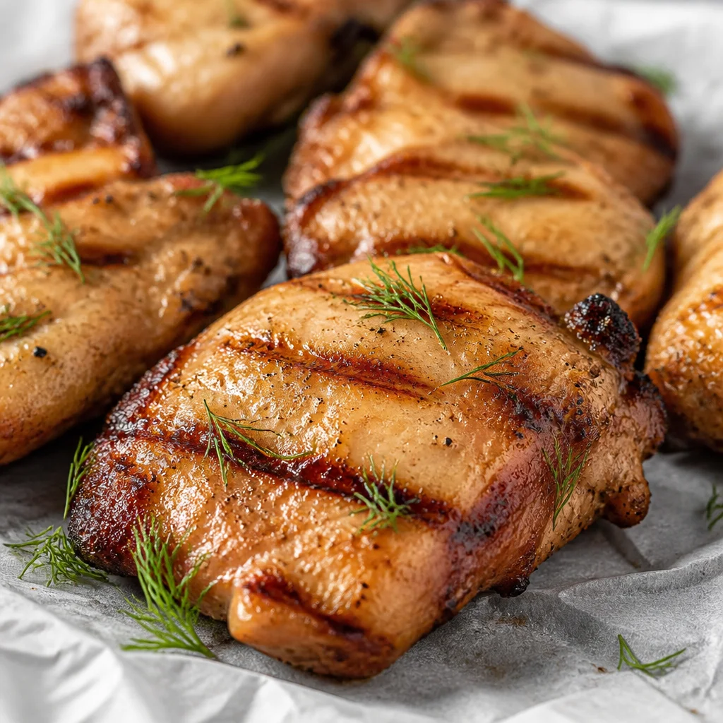 Juicy grilled chicken marinated in pickle juice for flavorful and tender results.