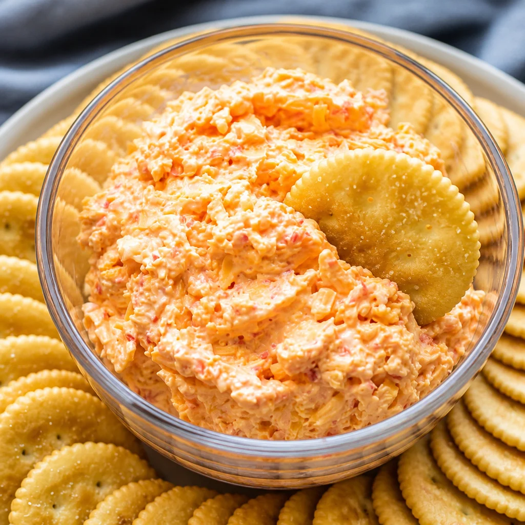Easy Pimento Cheese spread made with cheddar cheese, cream cheese, and pimentos.