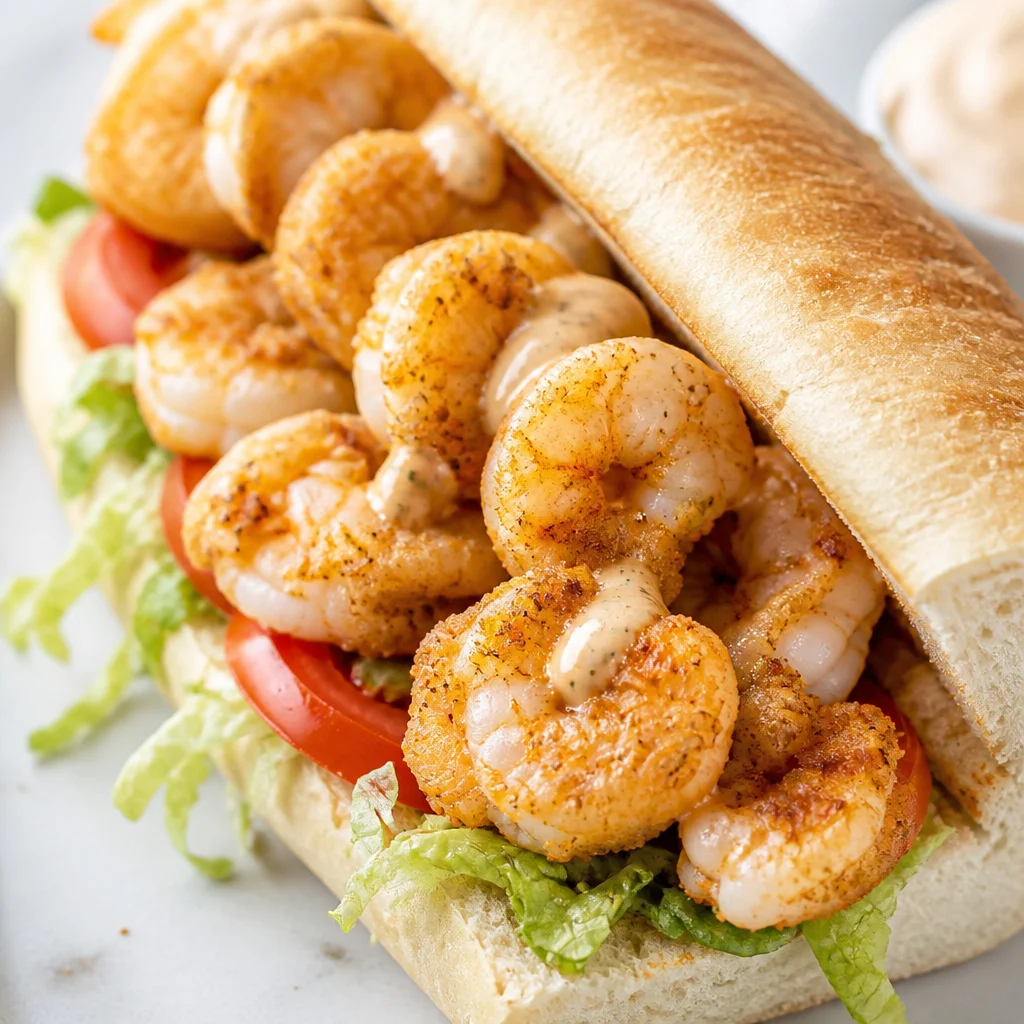 Easy Po Boy Sandwich featuring New Orleans Fried Shrimp on a French baguette with remoulade.