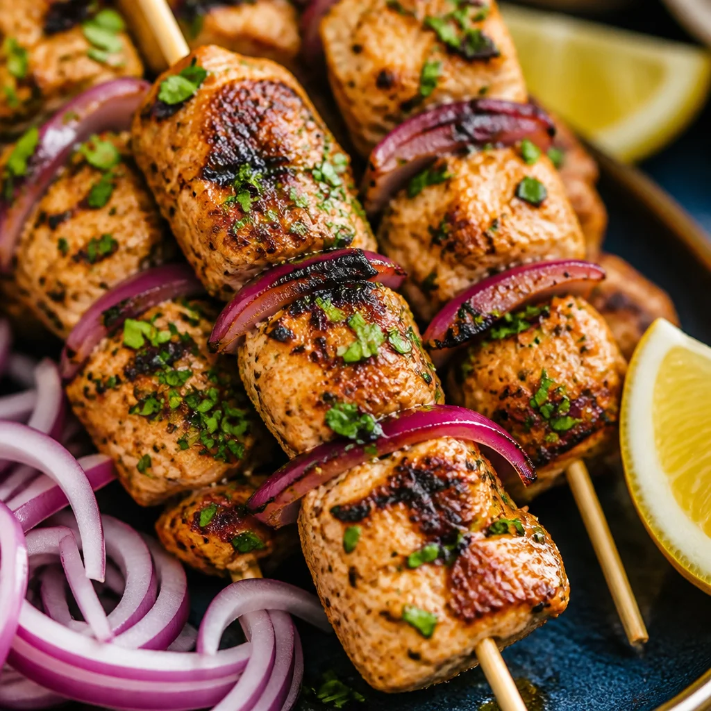 Easy Pork Souvlaki skewers grilled to perfection with lemon and garlic marinade.