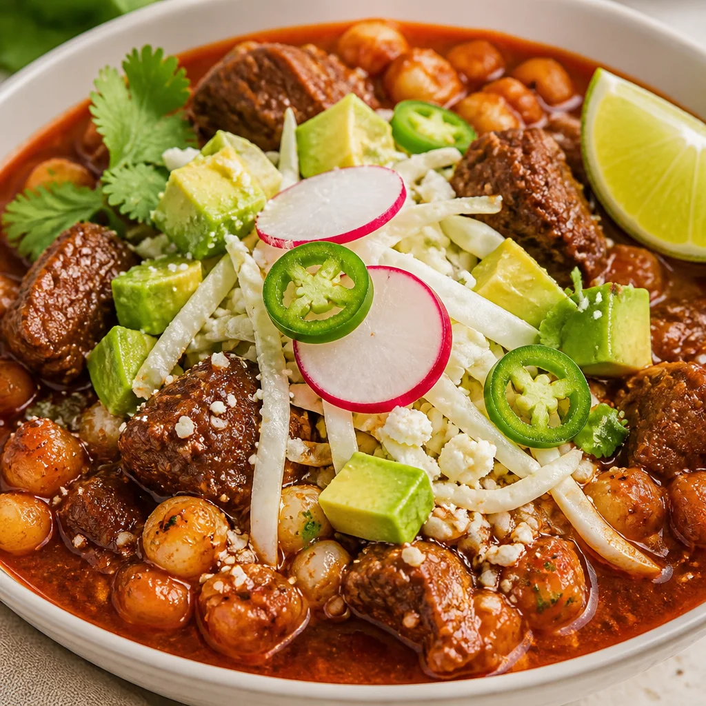 Easy Pozole Rojo featuring pork, hominy, and red chili broth in a bowl.