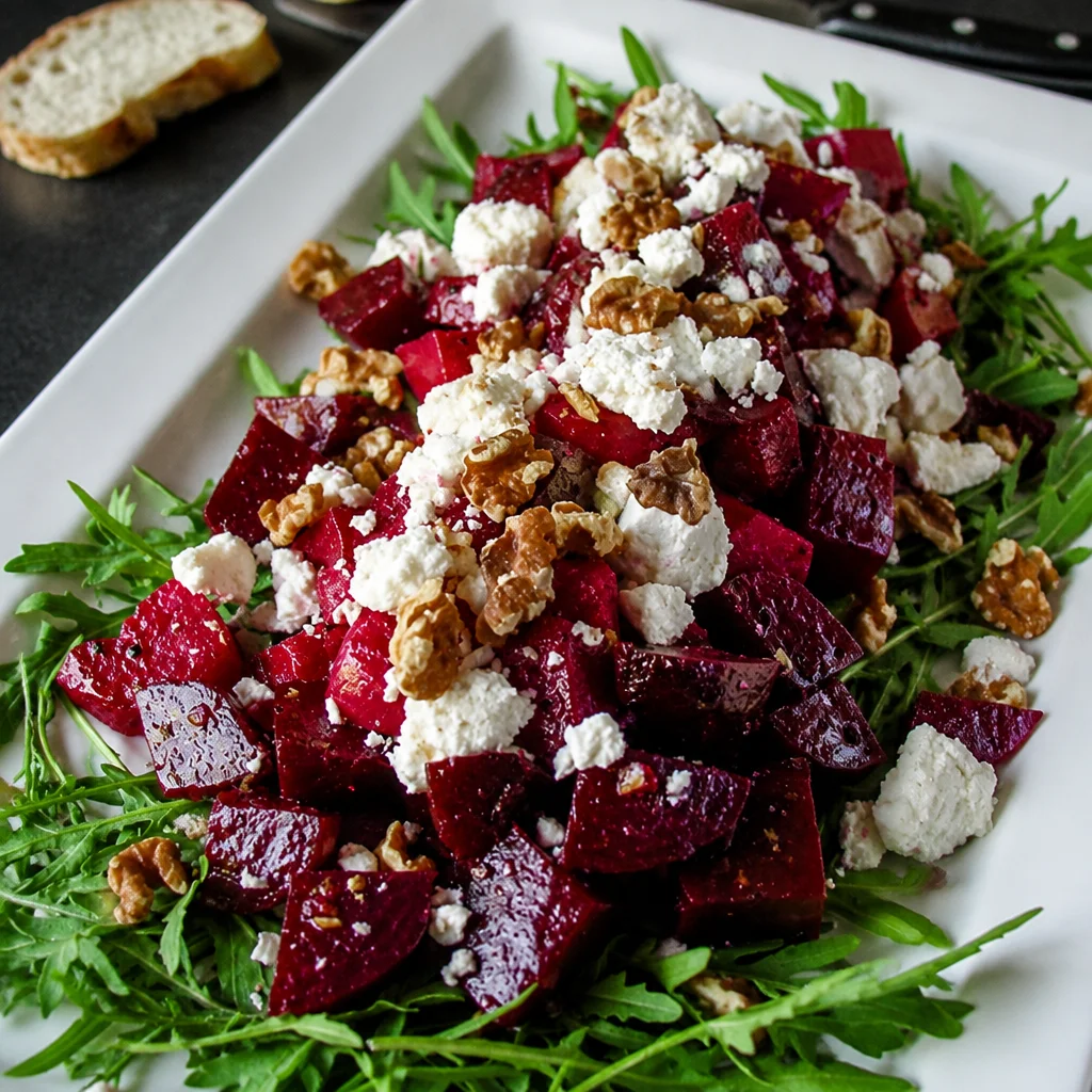 Easy Roasted Beet Salad with Goat Cheese and Walnut garnished with greens