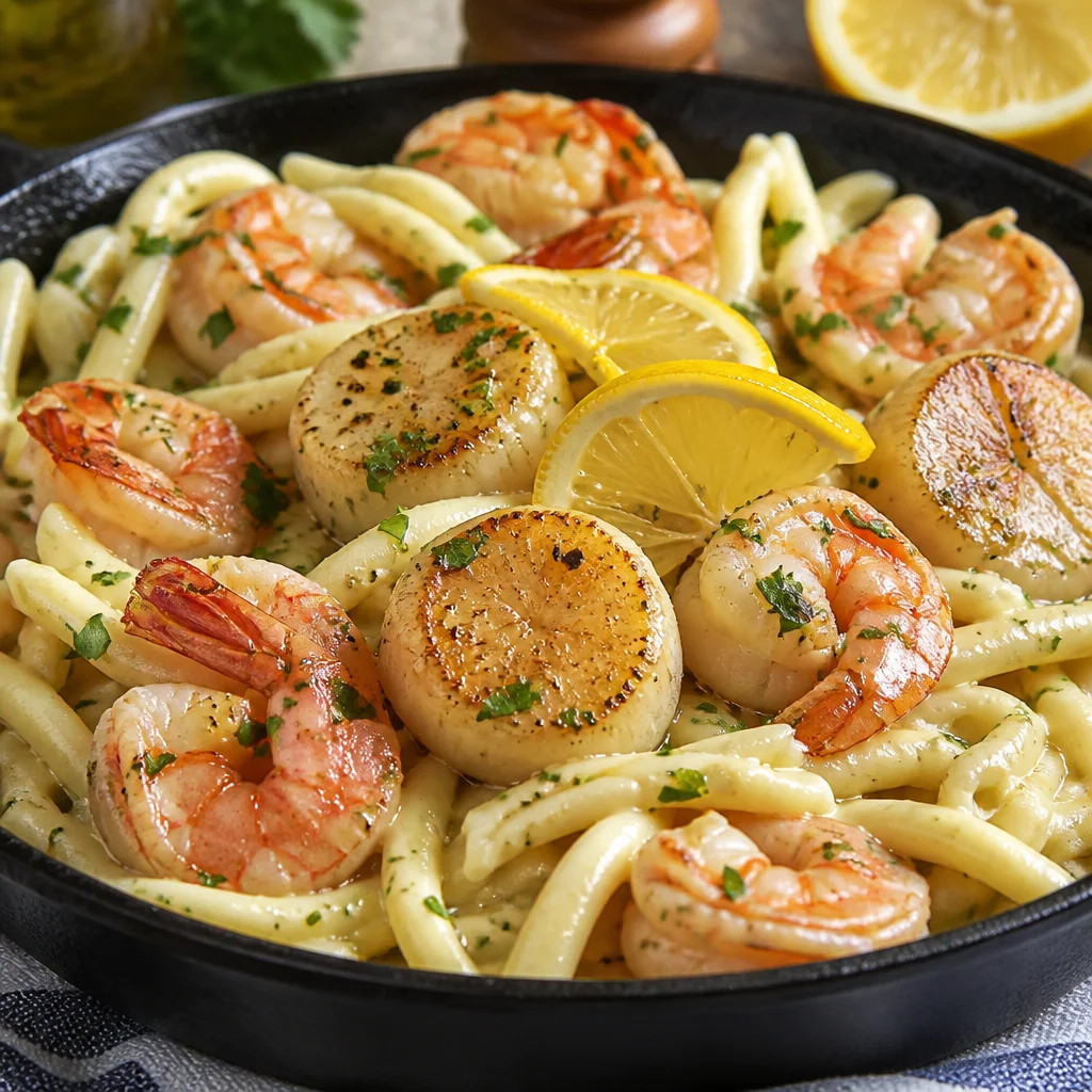 Easy Seafood Pasta with Shrimp, Scallops, and Garlic Butter in a bowl