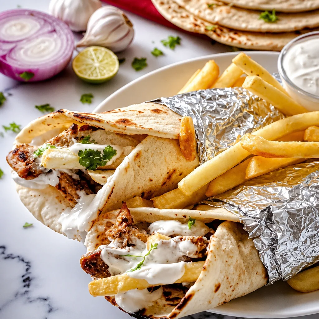 Easy Chicken Shawarma Wrap with garlic sauce in a soft pita bread.