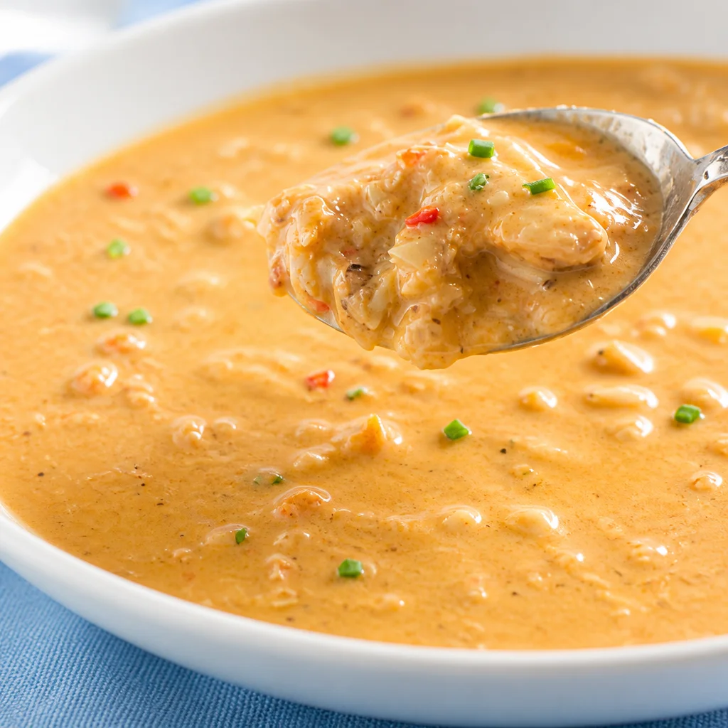 Bowl of Easy She Crab Soup — Charleston Style Bisque topped with crab meat and herbs