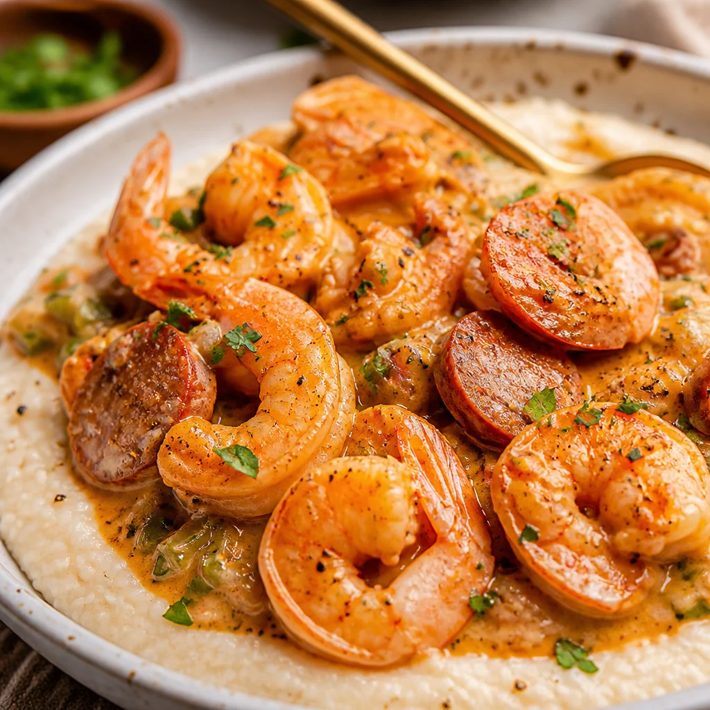 Plate of Easy Shrimp and Grits with creamy cheese grits and sautéed shrimp