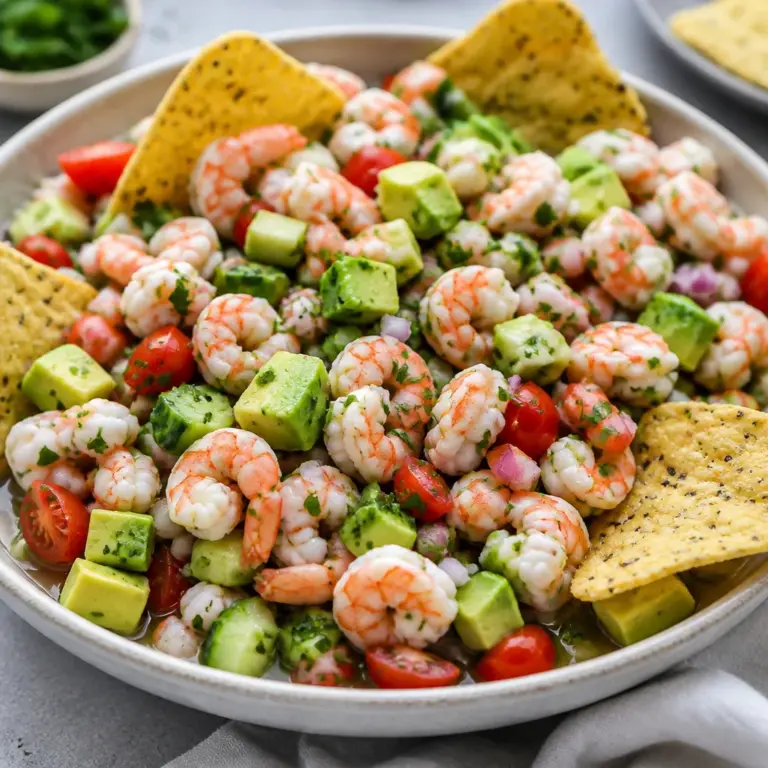 Bowl of Easy Shrimp Ceviche with lime, avocado, tomato, and cilantro