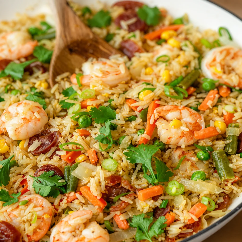 Delicious Easy Shrimp Fried Rice served in a bowl with colorful vegetables