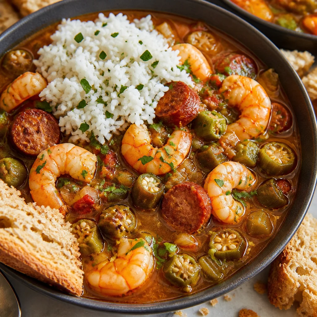 Bowl of Easy Shrimp Gumbo with rich roux, shrimp, sausage, and spices served over rice.