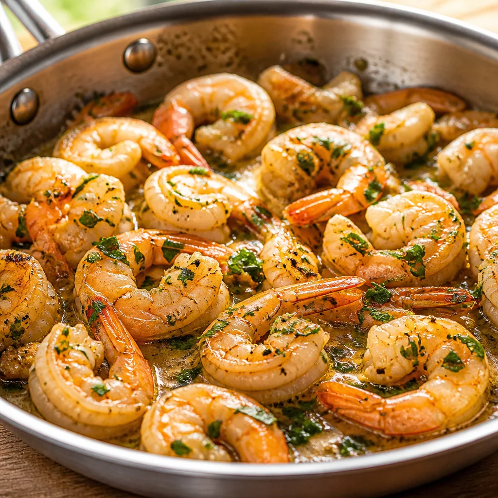 Plate of Easy Shrimp Scampi with garlic, butter, and white wine sauce served with pasta.