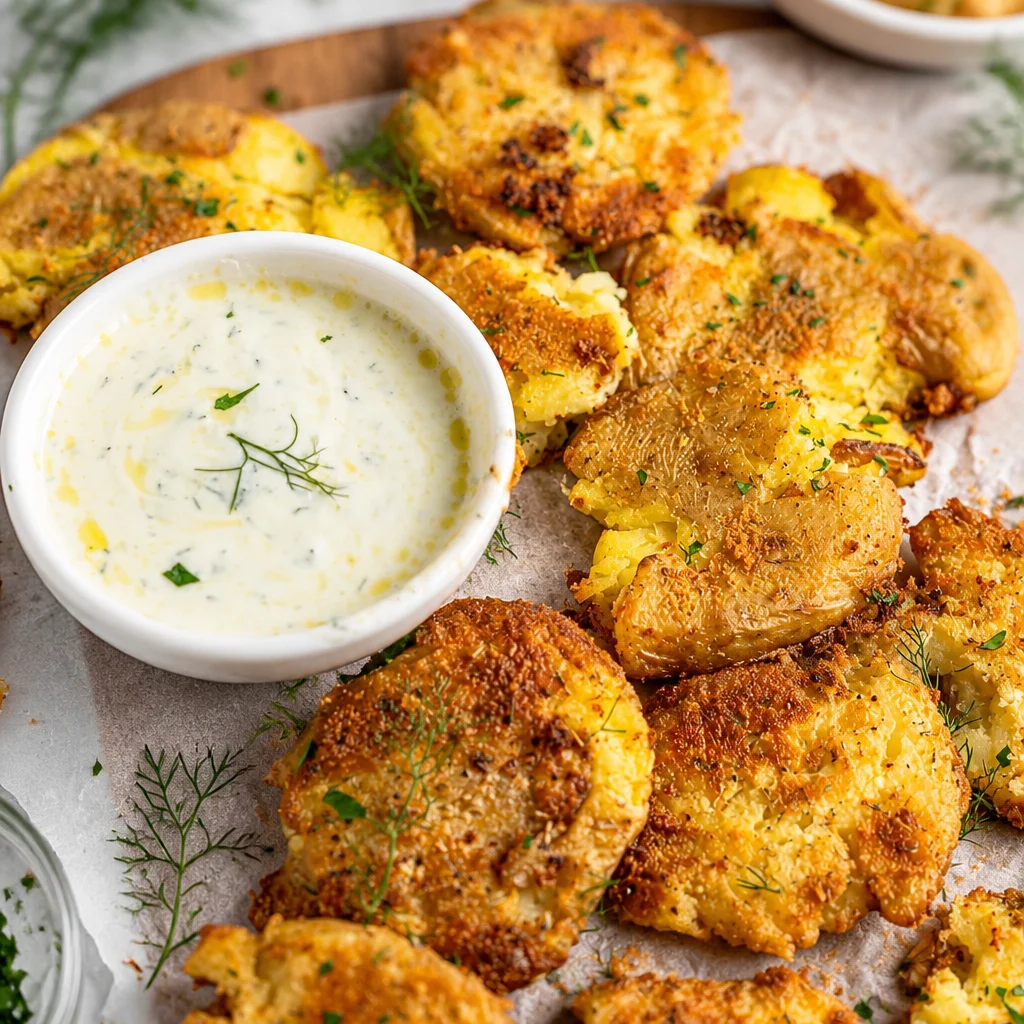 Crispy Parmesan smashed potatoes with garlic, baked to perfection in the oven.