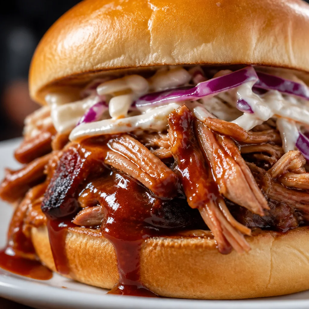 Delicious Easy Smoked Pulled Pork Sandwich drizzled with BBQ Sauce.