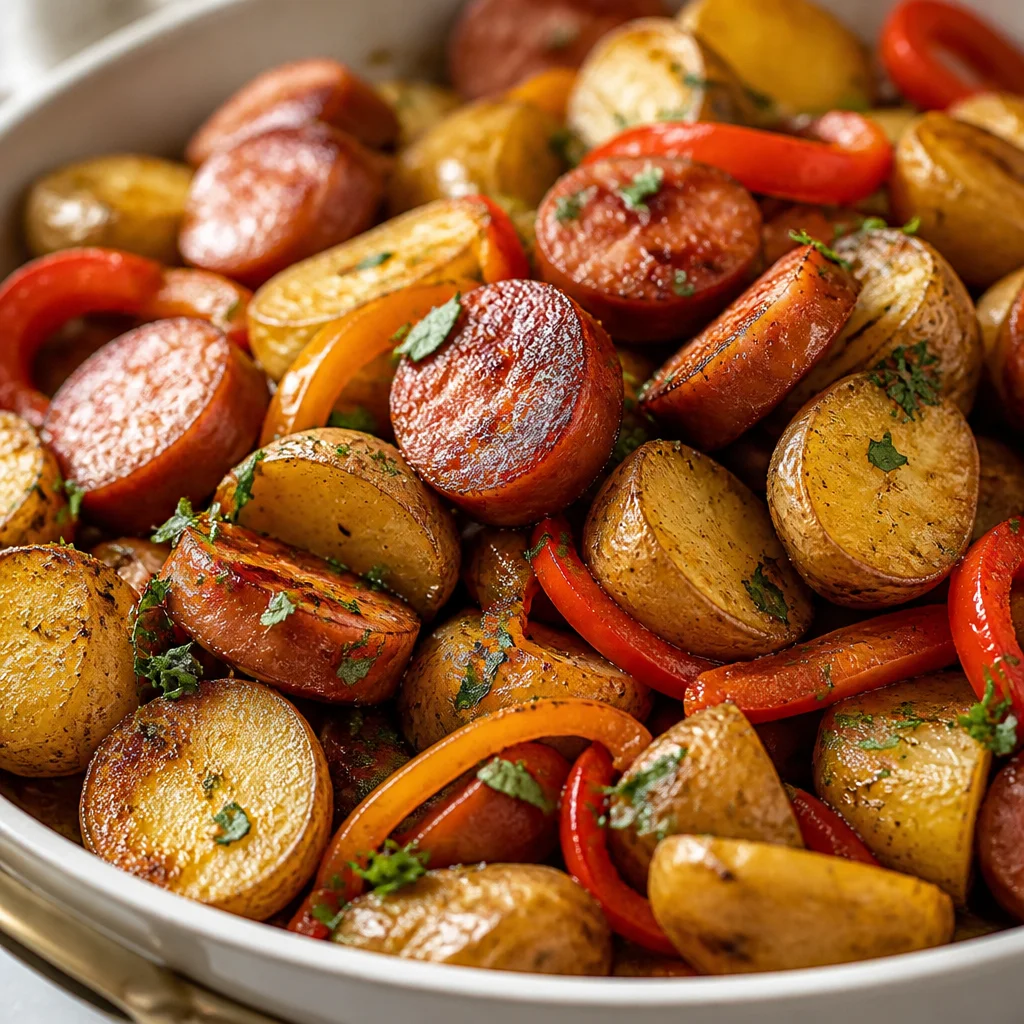 One pan Easy Smoked Sausage and Potato Skillet with colorful veggies and tender potatoes.