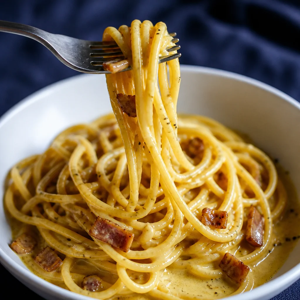 Bowl of Easy Spaghetti Carbonara topped with grated pecorino and black pepper.