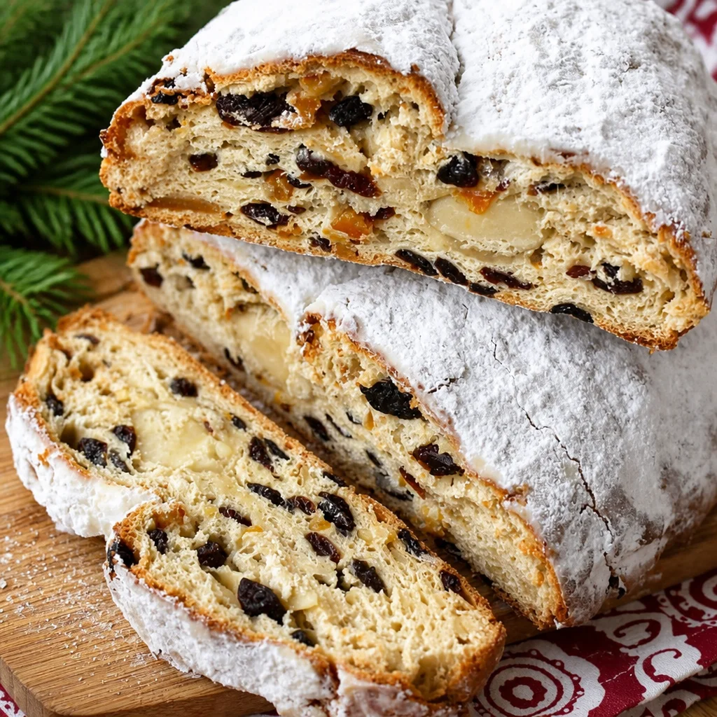 Sliced Easy Stollen Bread with dried fruits and marzipan, perfect for Christmas celebrations.