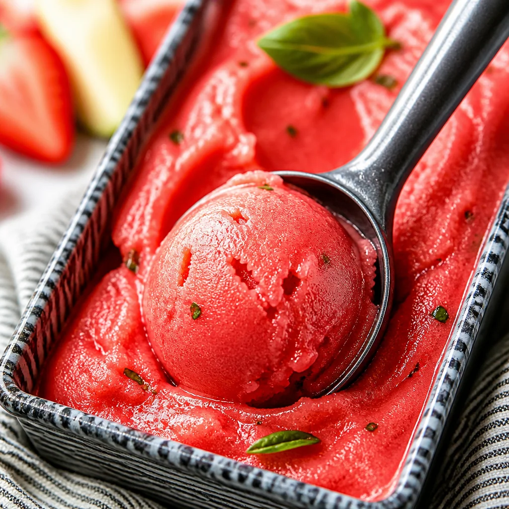 Easy Strawberry Basil Sorbet served in a bowl, garnished with fresh basil leaves.