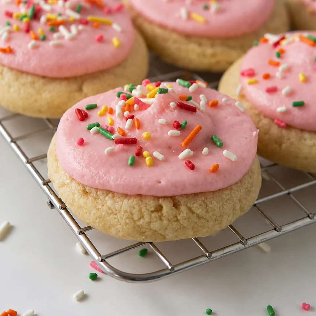 A plate of Easy Sugar Cookies — Soft Frosted with colorful sprinkles and creamy icing.