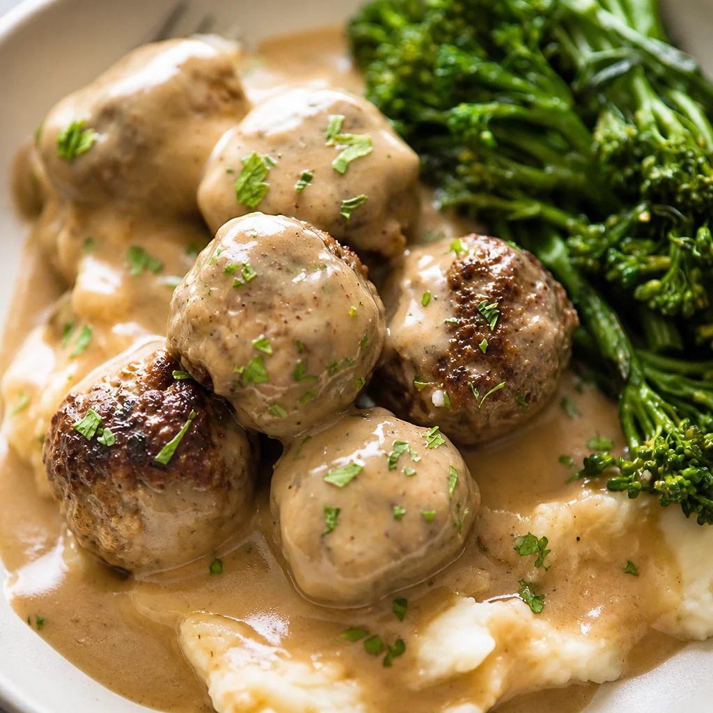 Plate of Easy Swedish Meatballs with creamy gravy, inspired by IKEA's recipe.