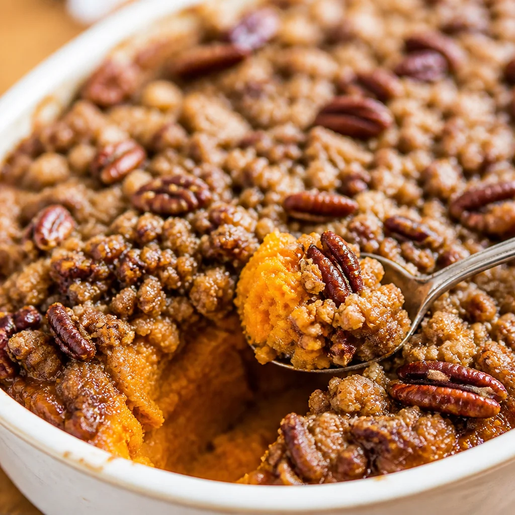 Easy Sweet Potato Casserole topped with buttery pecans, perfect holiday side dish