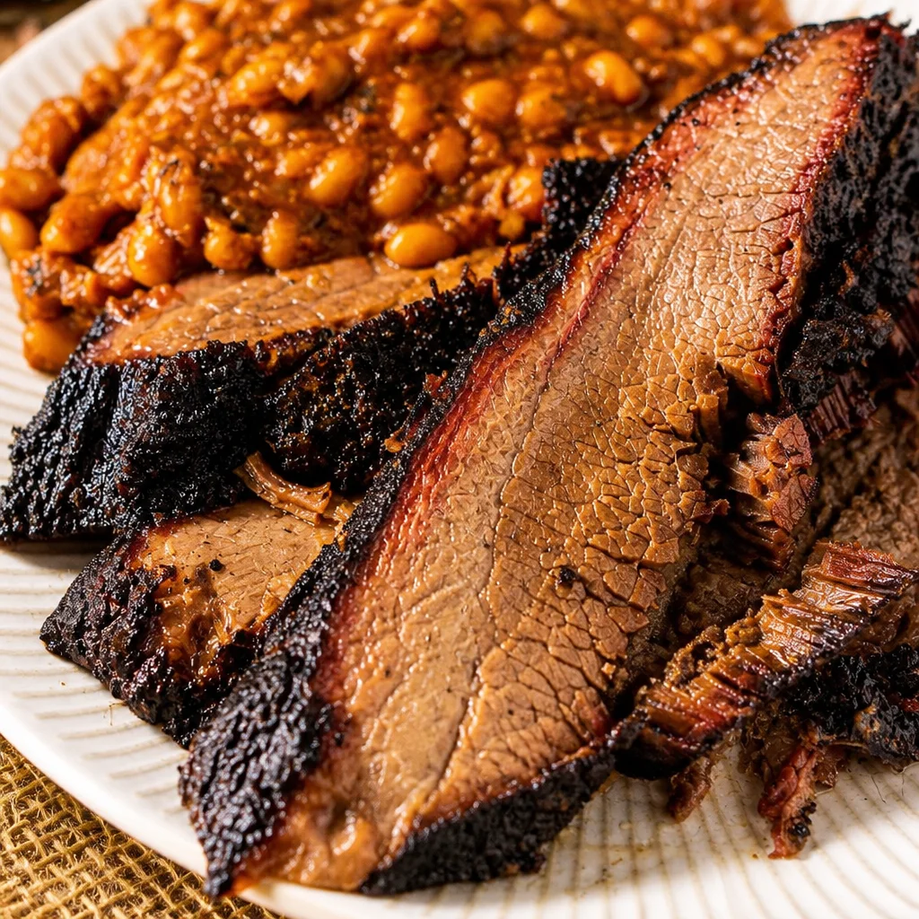 Delicious low and slow smoked Texas style brisket ready to serve.