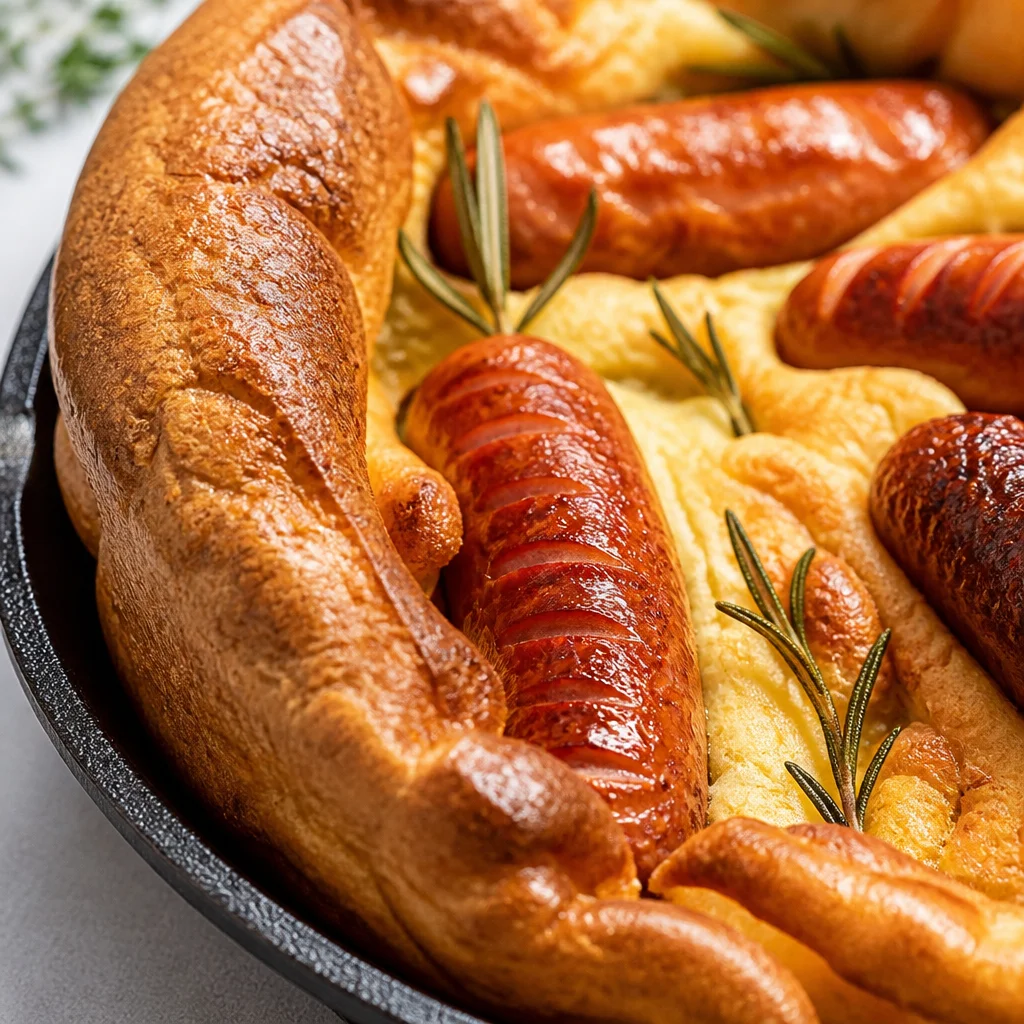 Easy Toad in the Hole - British sausages baked in fluffy Yorkshire pudding with onion gravy