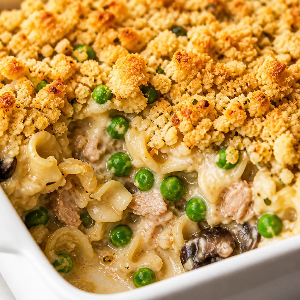 Delicious Easy Tuna Casserole with creamy noodles and crispy topping, ready to serve.