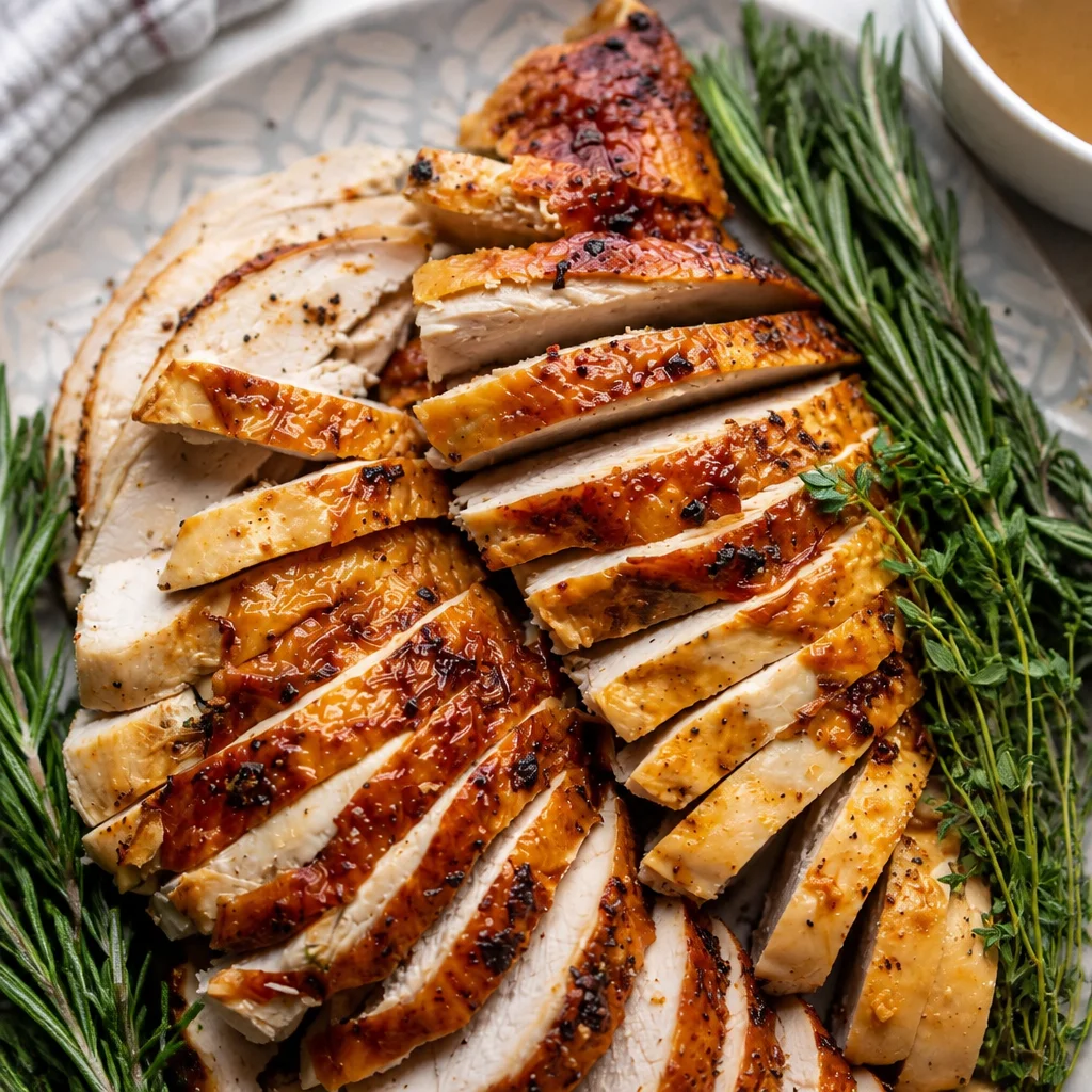 Oven roasted easy turkey breast served with gravy on a festive table.