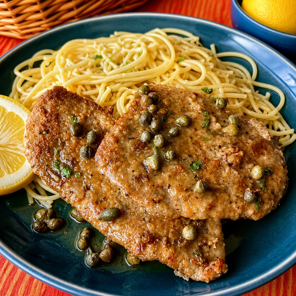 Plate of Easy Veal Scaloppine with Lemon Butter Sauce garnished with fresh herbs.