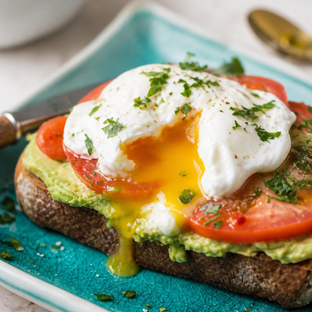 Delicious Avocado Toast with Poached Egg served on rustic whole grain bread.