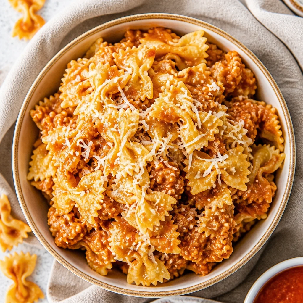 Crispy cheesy garlic pasta chips garnished with Parmesan cheese and herbs.