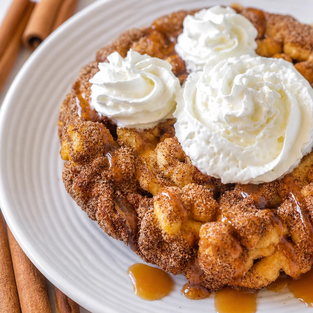 Delicious Churro Funnel Cake topped with whipped cream and caramel sauce