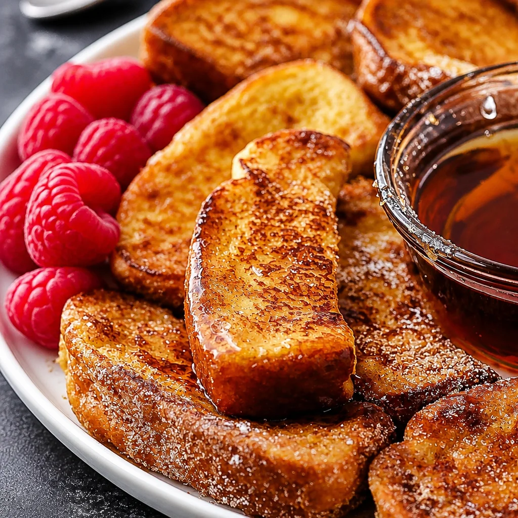 Homemade Cinnamon French Toast Sticks served with syrup, golden and buttery.