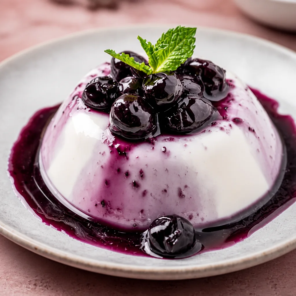 Classic Panna Cotta with Berry Sauce served in elegant ramekins with fresh berries.
